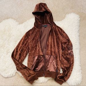 Brown velvet velour BCBG zipper hoodie jacket
